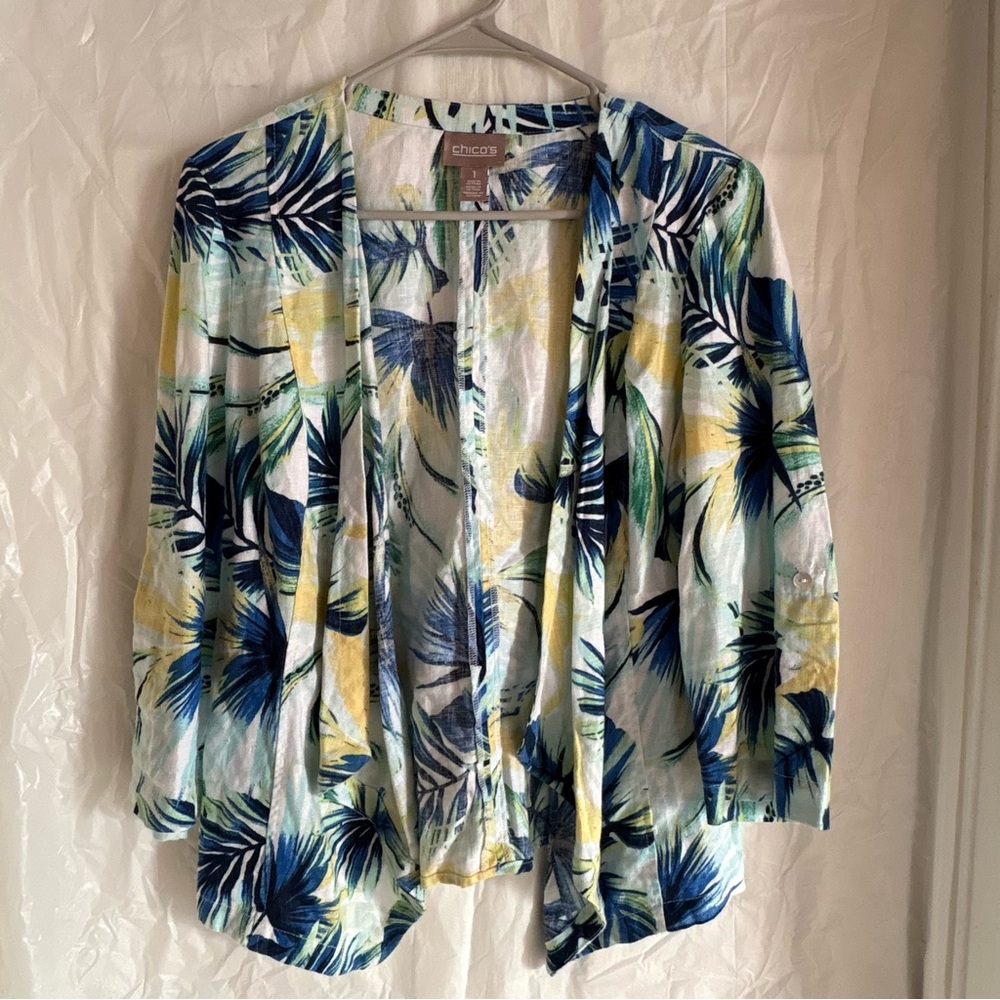 Chico’s Tropical Garden Linen Open Drape Front Jacket Women’s Sz Medium Blue